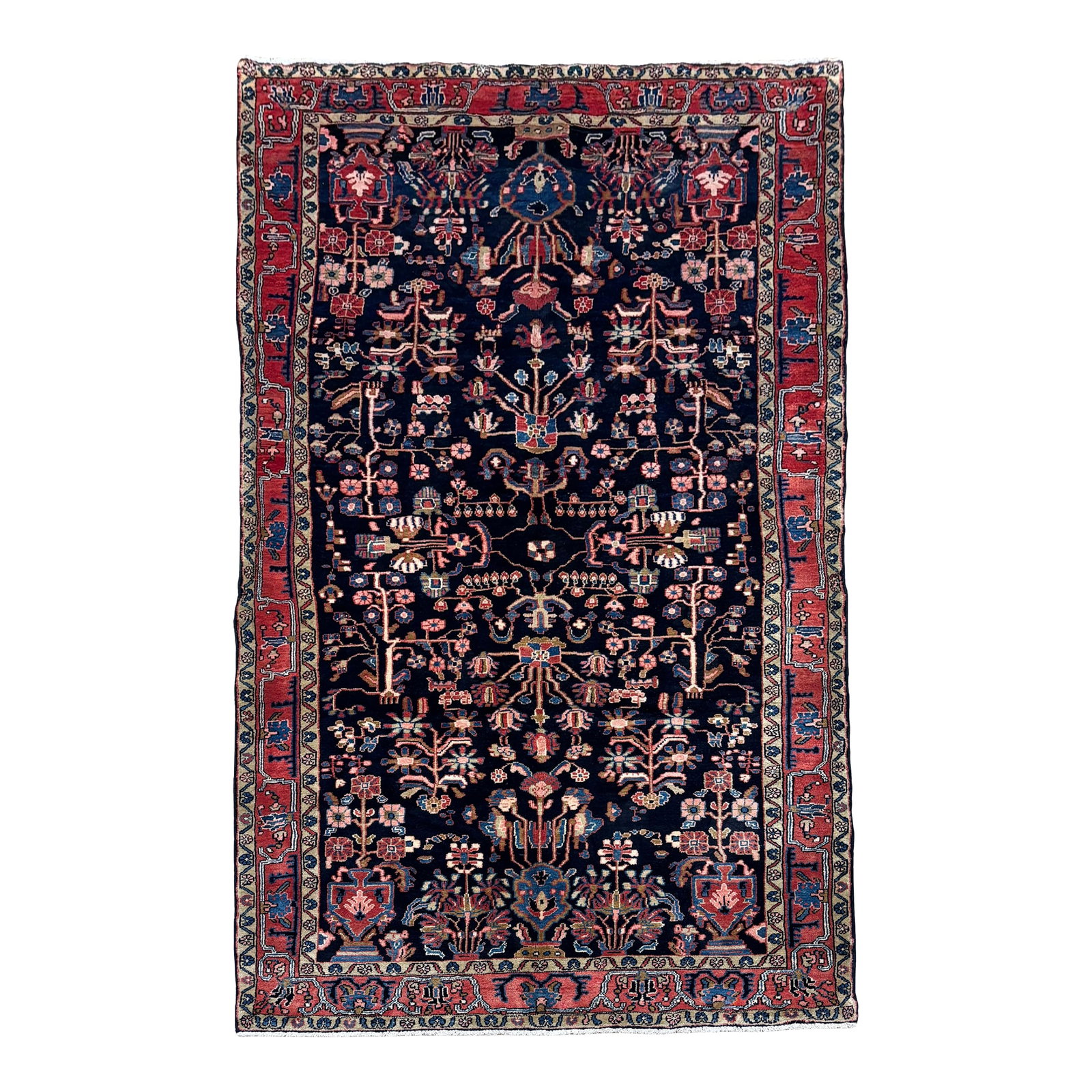 Antique Persian Nahavand Hand-Knotted Rug 5'2" X 9'11": Antique hand-knotted rug from the Nahavand region of western Iran, featuring a detailed tree-of-life design on a deep navy field. The composition is structured with vertically arranged stylized