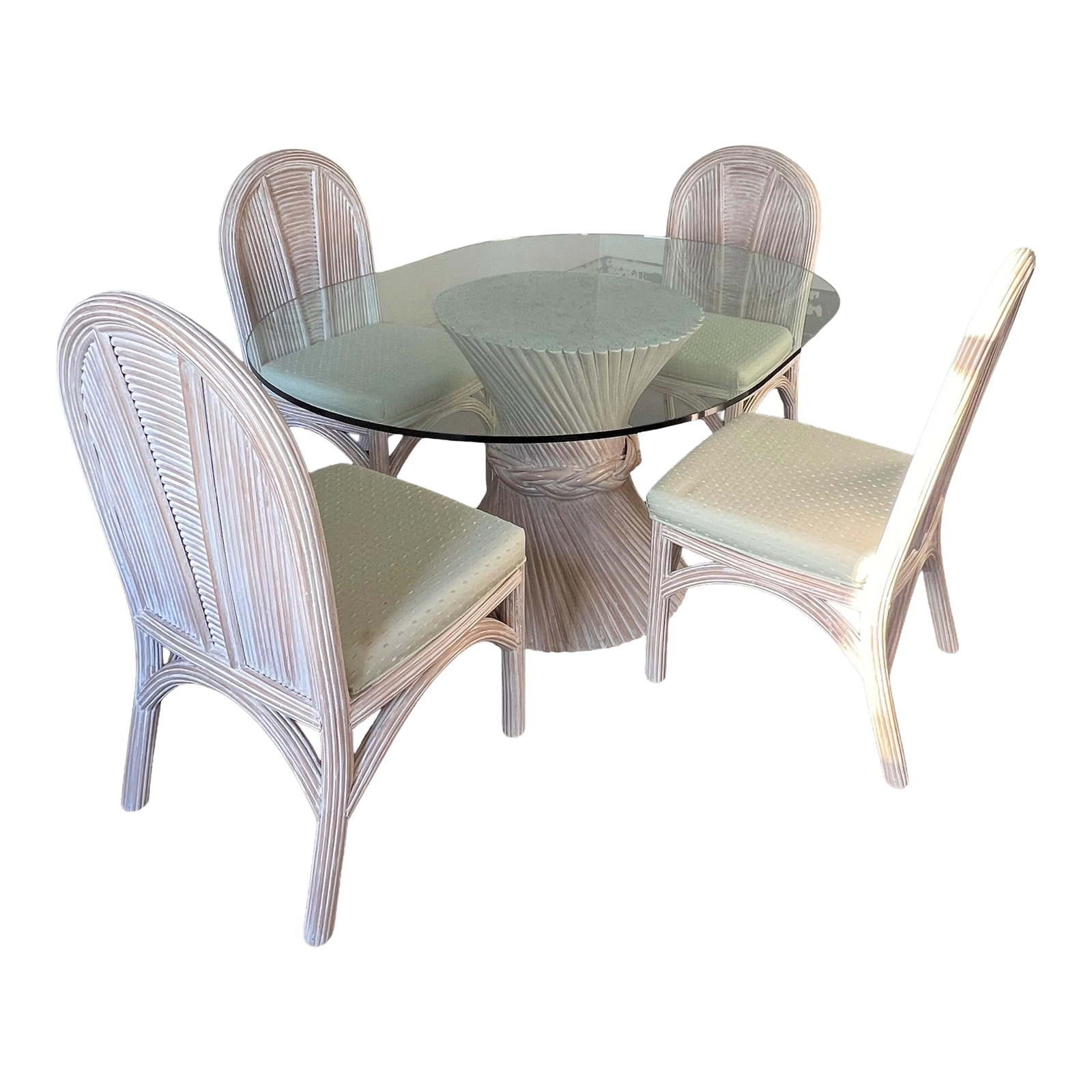 Mid 19th Century Henry Link Coastal Rattan Boho Chic Dining Set 5 PCS: Gorgeous original Henry Link Palm Beach Coastal Boho Chic dining set. Seats are in original upholster of seafoam and flecks of pink and green remain in excellent condition. Chairs are a sunset