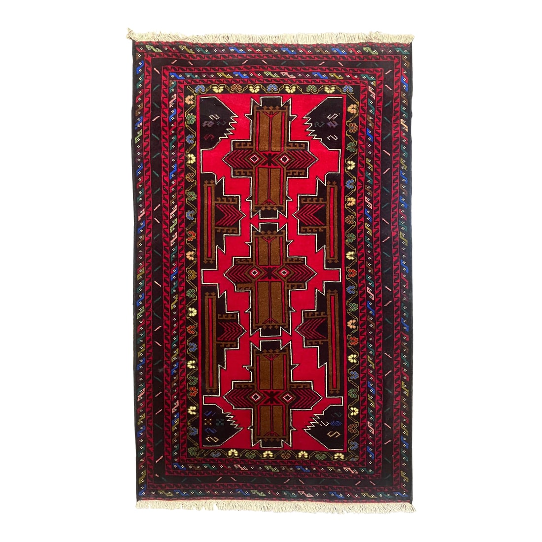 Hand-Knotted Baluch Geometric Rug 2'6" X 4'8": Hand-knotted Baluch rug, traditionally woven by tribal groups of eastern Iran and Afghanistan. Features a vivid red field with three stacked geometric medallions and angular tribal motifs, framed by