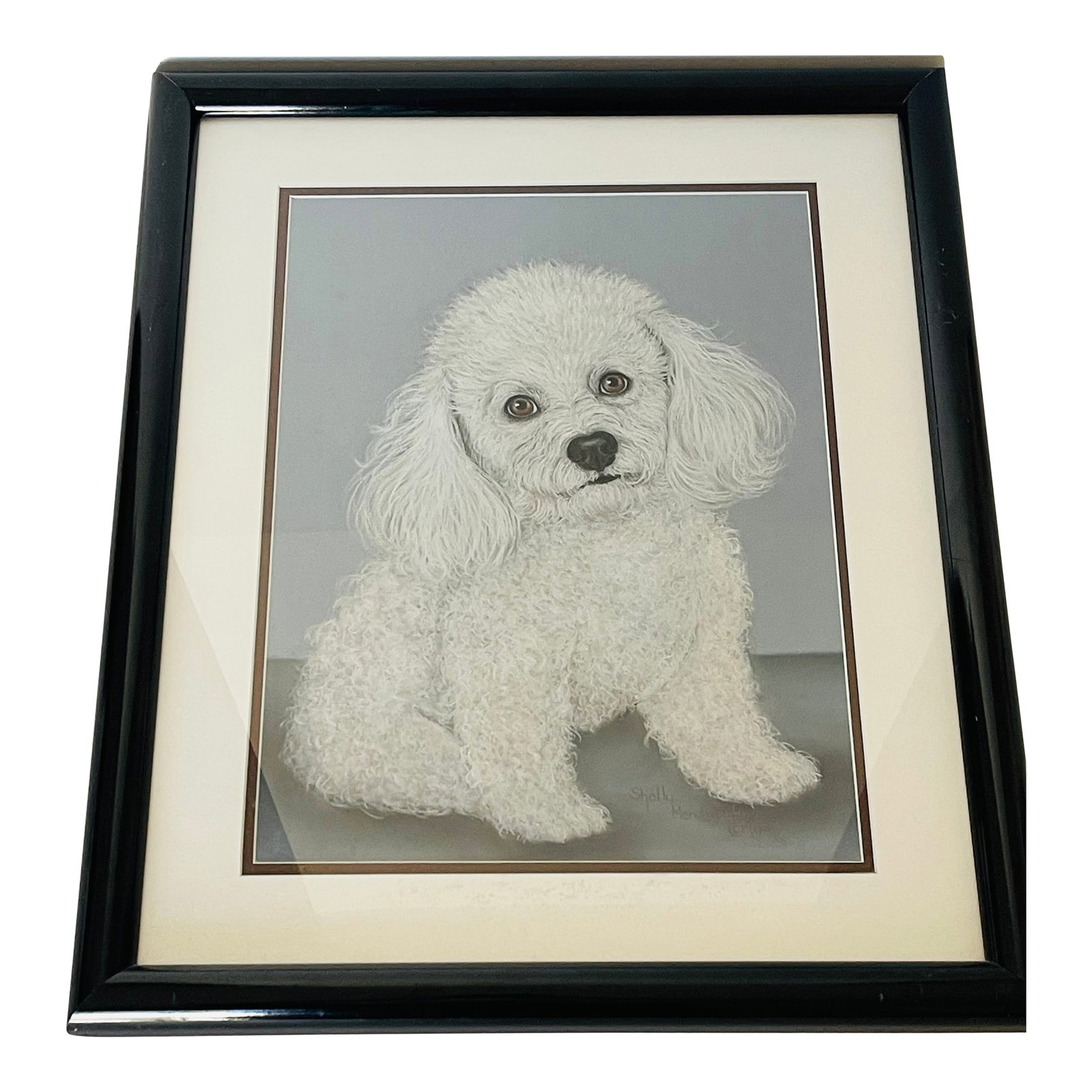 Sweet White Poodle Puppy Dog Portrait Original Art Painting Signed: Lovely dog portrait of a white poodle dog, signed Sally Mandelsohn , 1998, gouache and pastel on paper, framed under glass in black lacquer frame. Condition: Alterations: Original Condition Unaltered 