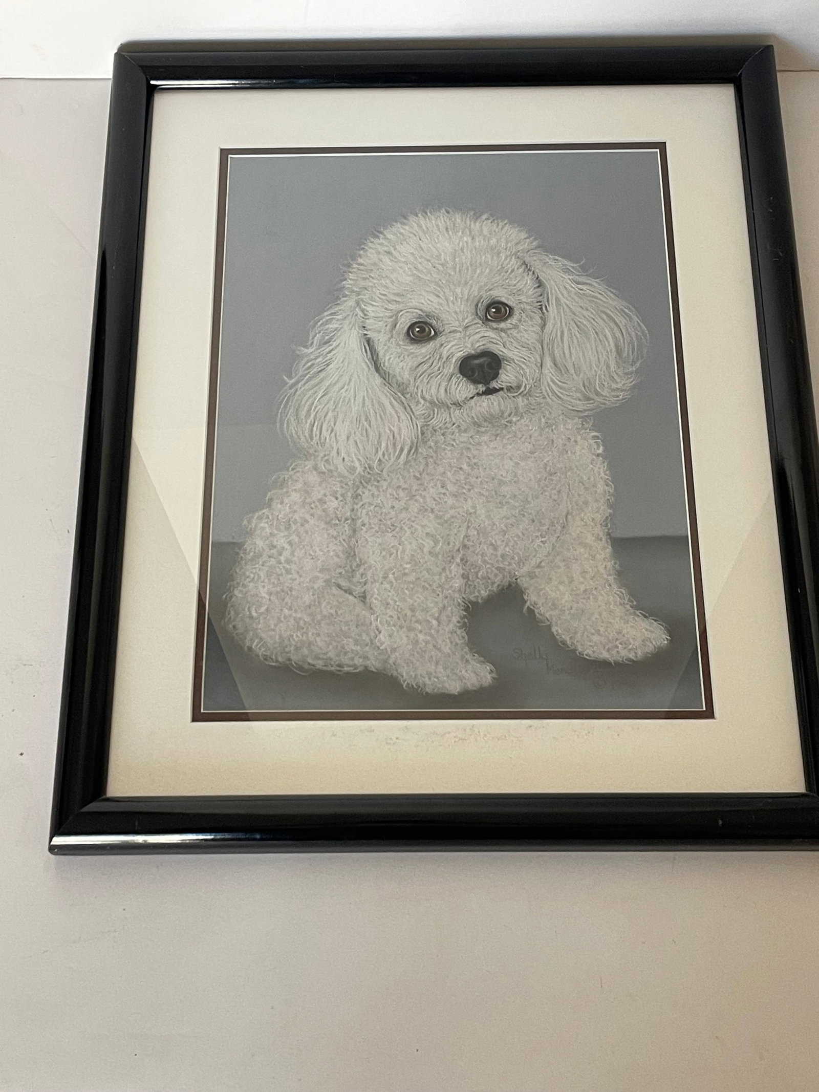 Sweet White Poodle Puppy Dog Portrait Original Art Painting Signed - 2