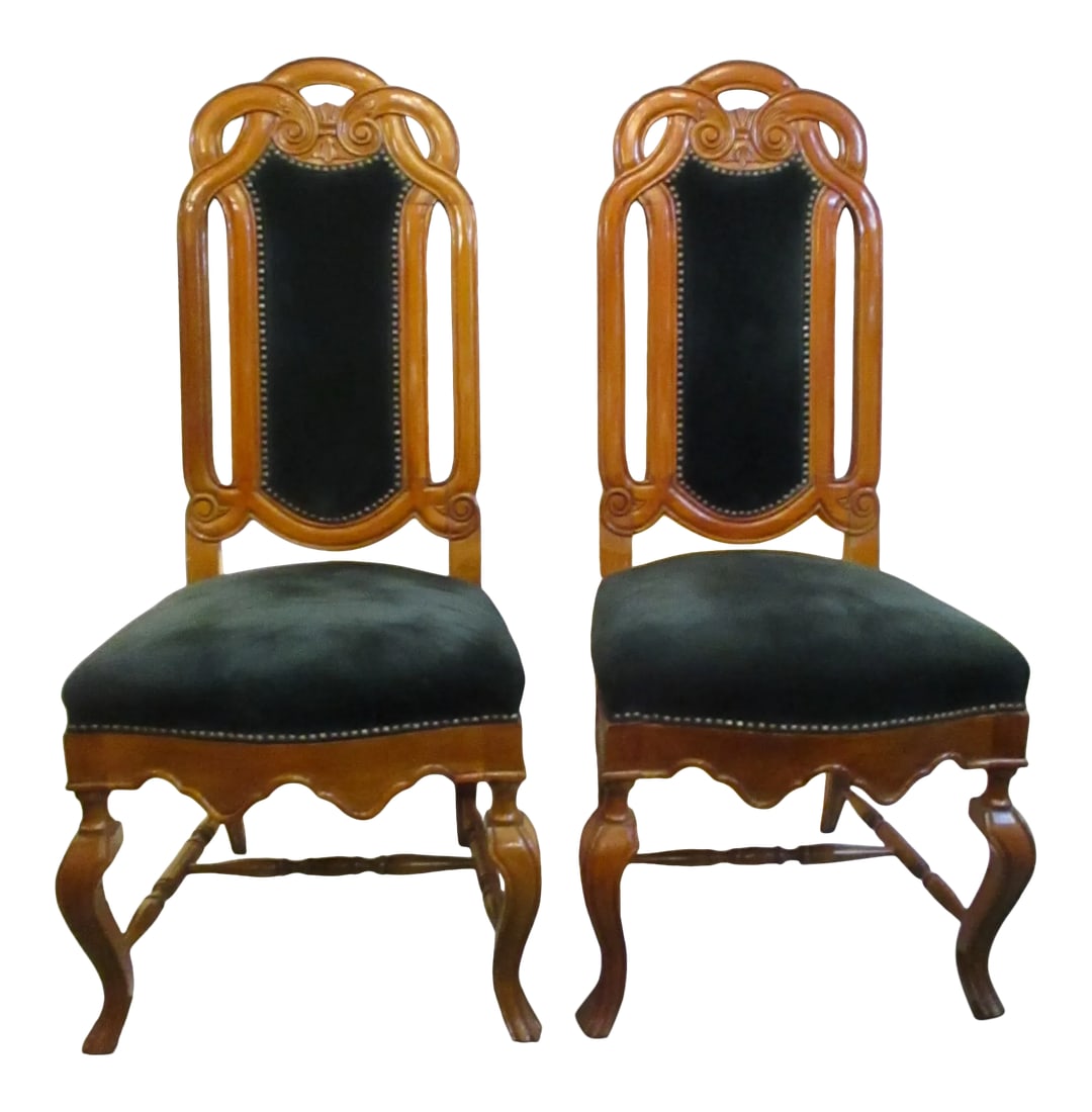 1990s Vintage Gothic Style Side Chairs - a Pair of 2: Vintage 1990s pair of modernized Gothic Revival side chairs. Built of clear birch and upholstered in a forest green velvet. Scrolling interloping curves make the crest and the legs have spool topped