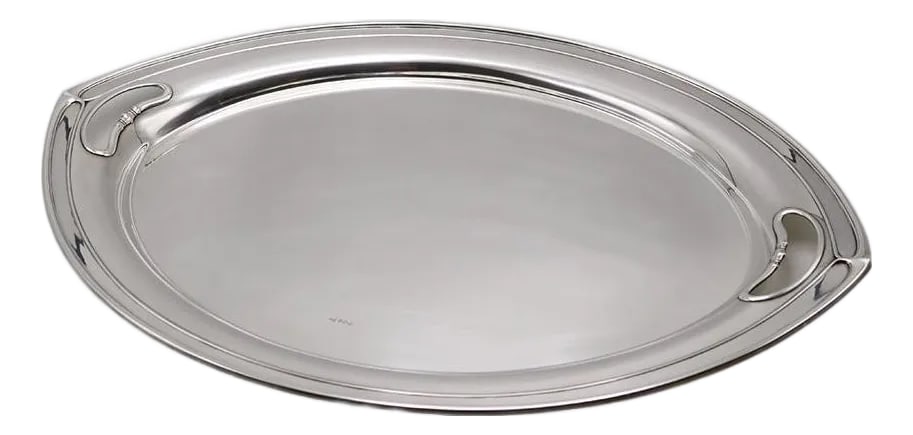 Art Nouveau Period Sterling Silver Tray England 1893: A fine Art Nouveau period sterling silver tray from England. With English fine silver hallmarks: Crown, lion, date letter and Makers mark: W&H in a flag (Walker & Hall, Sheffield) Condition: Alteratio