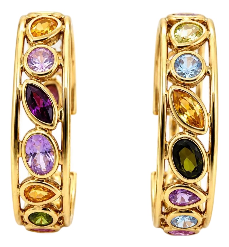 Italian Gemstone Hoop Earrings, A Pair: Italian 14k hoop earrings set with multi color gemstones. 17.95 grams Condition: Alterations: Original Condition Unaltered Imperfections: Some Imperfections Condition Notes: Excellent Origin: Italy
