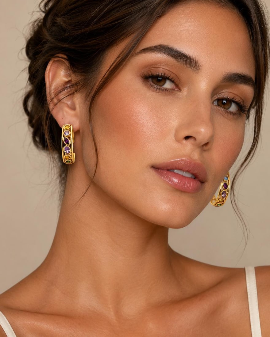 Italian Gemstone Hoop Earrings, A Pair - 2