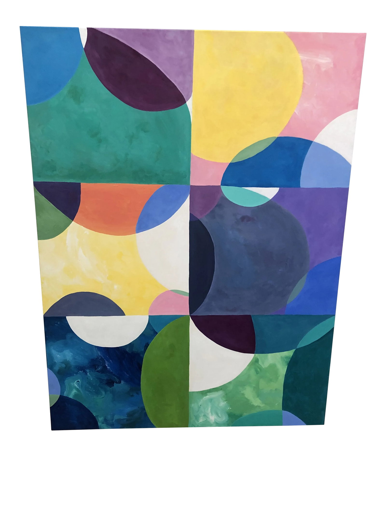 Large Contemporary Abstract Original Painting on Canvas: Bold and striking large abstract with circle motif in glorious colors. Can be hung vertically or horizontally. No need to frame as sides are painted. Condition: Imperfections: No Imperfections Conditi