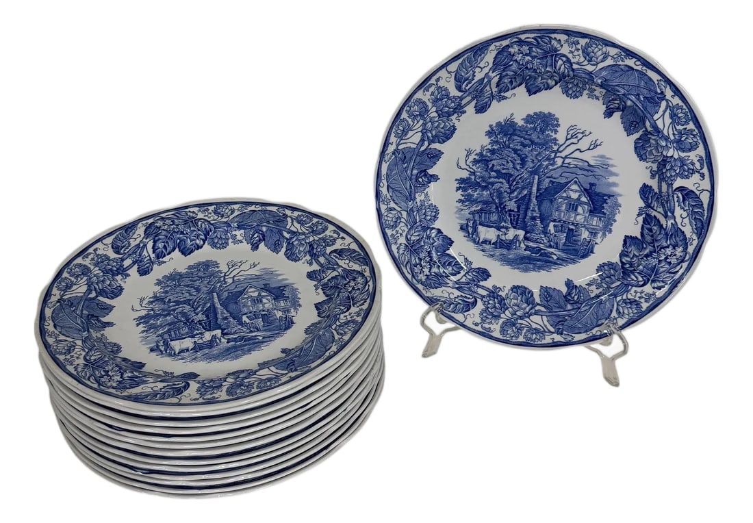 Vintage Spode Blue Room Collection "Rural Scenes" Plate, Made in England - Set of 14 (1 of 2)