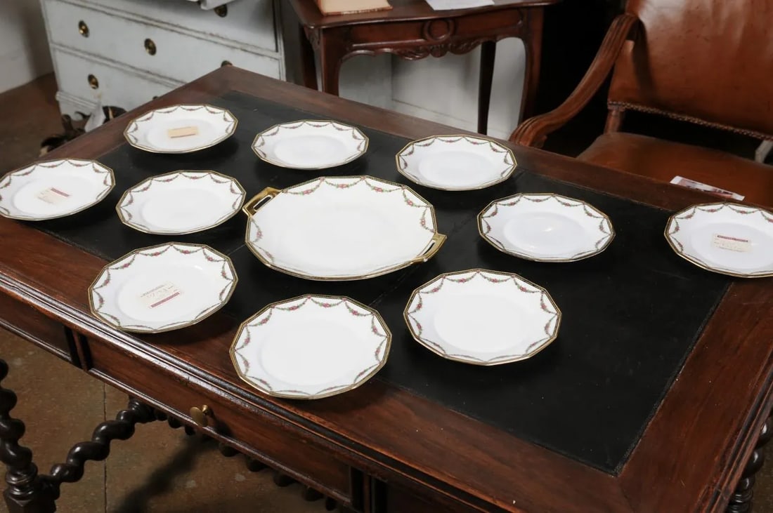 Antique French LarchevÃªque UML Limoges Porcelain Dessert Plates and Platter Set- 11 - 7