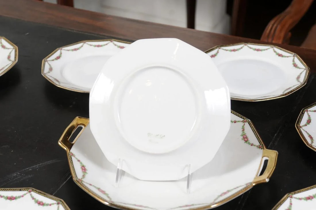 Antique French LarchevÃªque UML Limoges Porcelain Dessert Plates and Platter Set- 11 - 9
