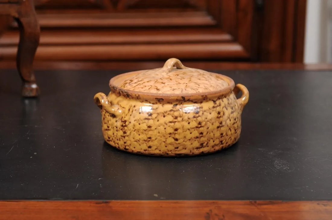 French 19th Century Pottery Covered Baking Dish with Brown Blotched Glaze - 2