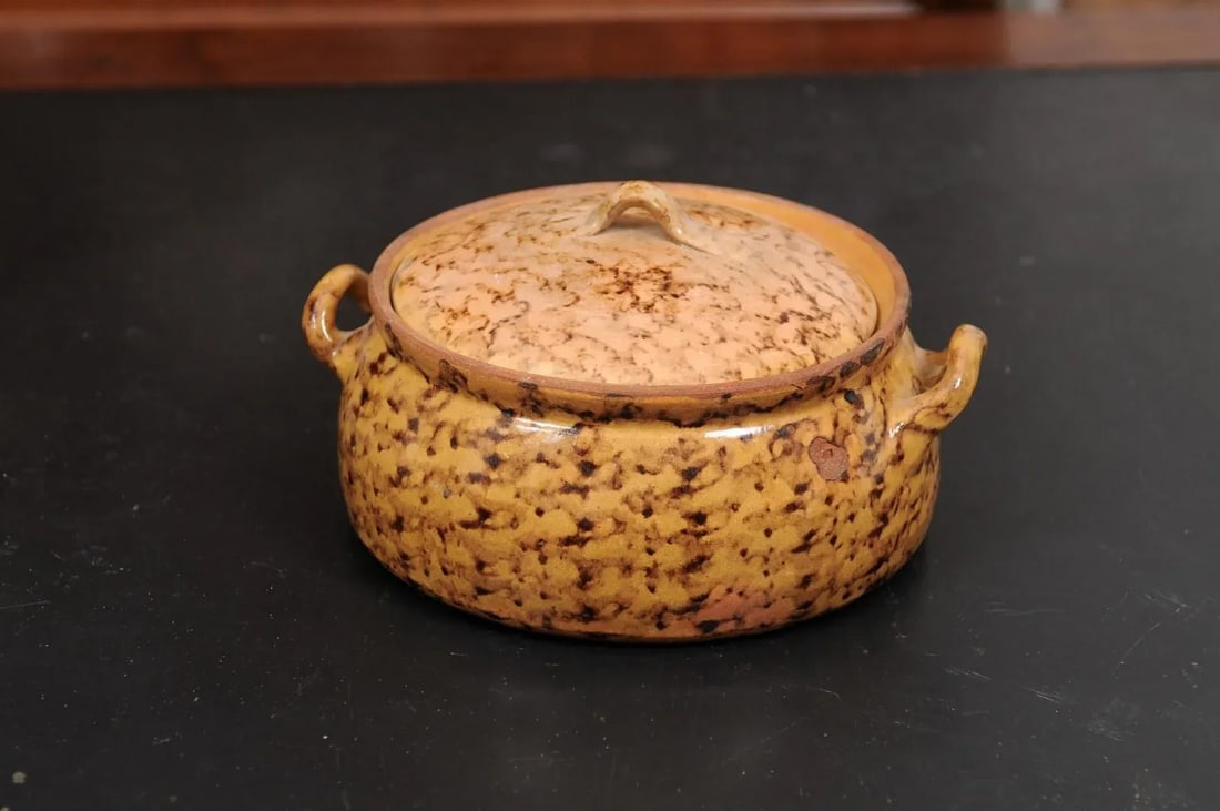 French 19th Century Pottery Covered Baking Dish with Brown Blotched Glaze - 8