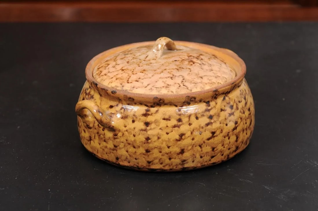 French 19th Century Pottery Covered Baking Dish with Brown Blotched Glaze - 9