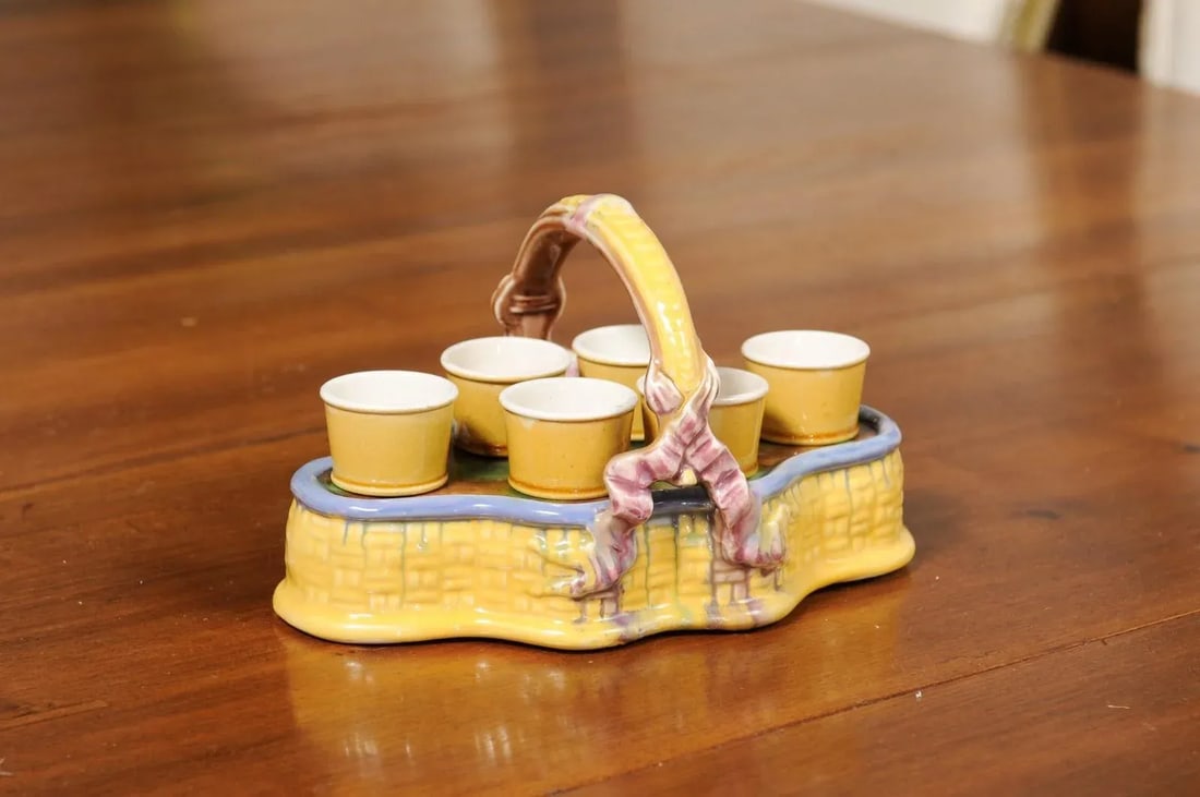 French 19th Century Majolica Porcelain Yellow Glazed Basket with Egg Cups Set- 7 Pieces - 2