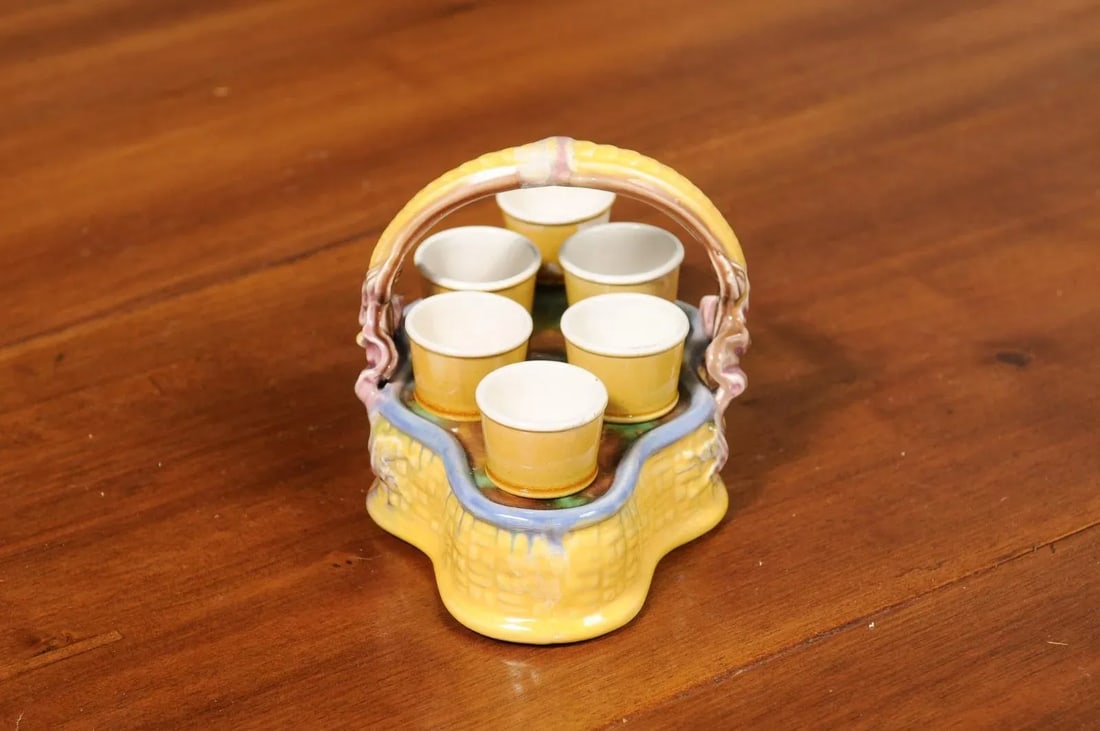 French 19th Century Majolica Porcelain Yellow Glazed Basket with Egg Cups Set- 7 Pieces - 3