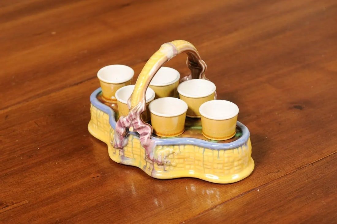 French 19th Century Majolica Porcelain Yellow Glazed Basket with Egg Cups Set- 7 Pieces - 4