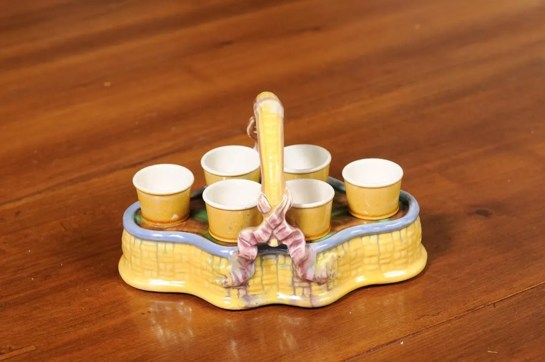 French 19th Century Majolica Porcelain Yellow Glazed Basket with Egg Cups Set- 7 Pieces - 5