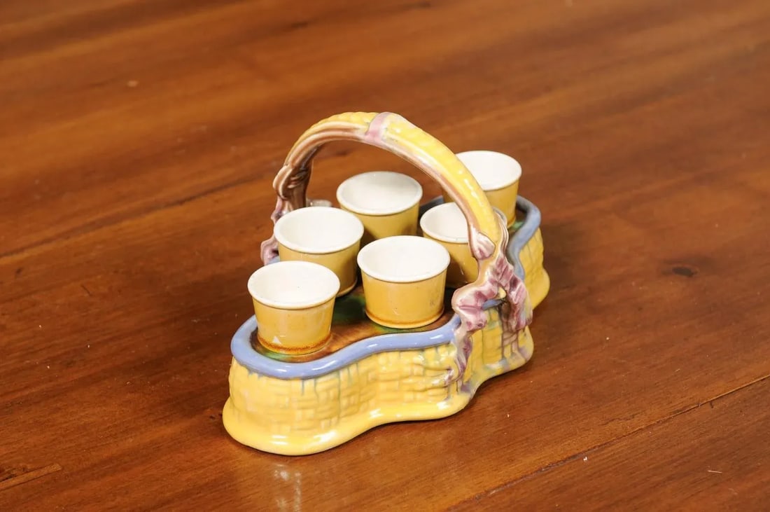 French 19th Century Majolica Porcelain Yellow Glazed Basket with Egg Cups Set- 7 Pieces - 6