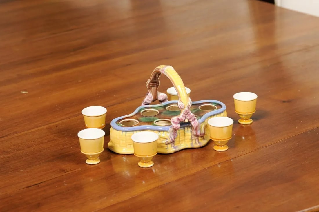 French 19th Century Majolica Porcelain Yellow Glazed Basket with Egg Cups Set- 7 Pieces - 8