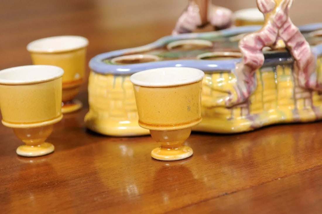 French 19th Century Majolica Porcelain Yellow Glazed Basket with Egg Cups Set- 7 Pieces - 9