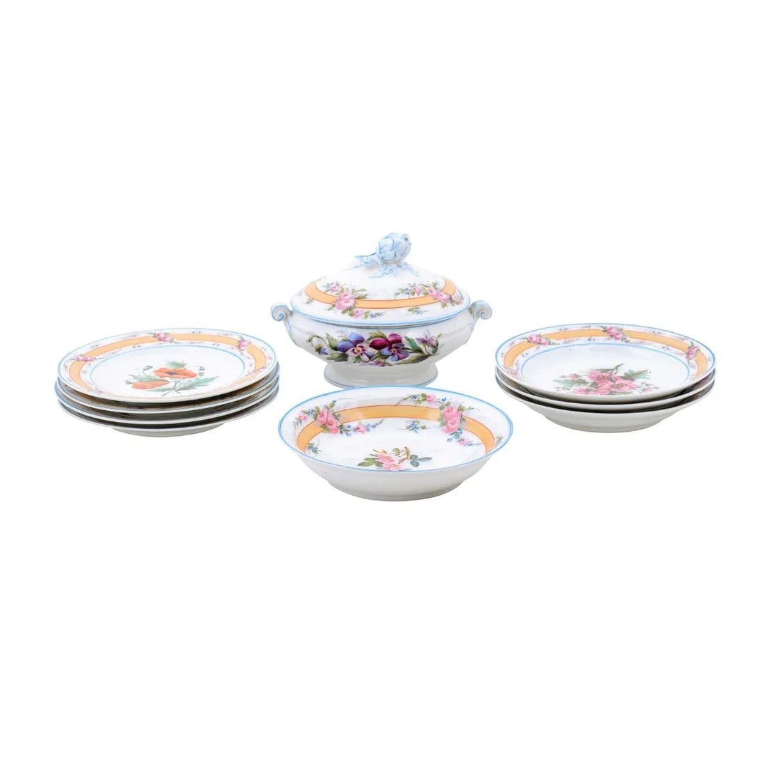 19th Century Porcelaine de Paris Floral Dish Set with Casserole and Plates Set- 9 Pieces - 13