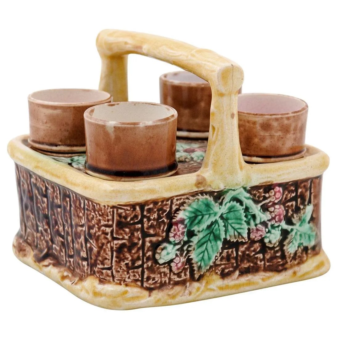 French 19th Century Tea Set with Foliage Adorned Majolica Basket Set- 5 Pieces - 13