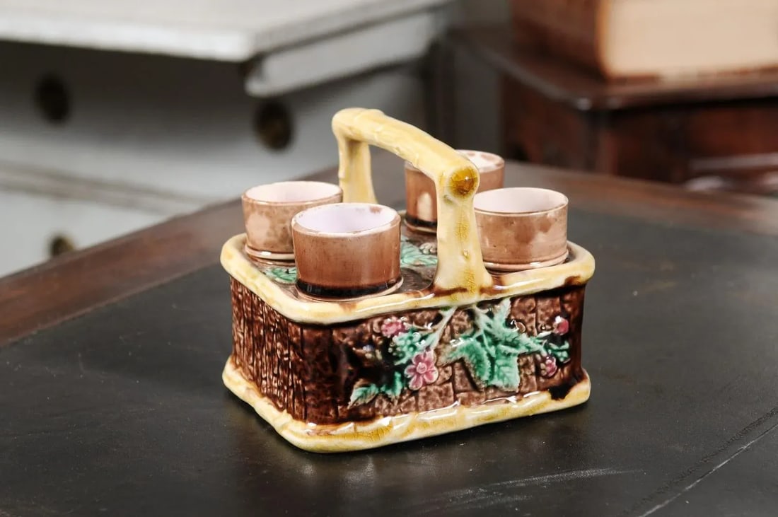 French 19th Century Tea Set with Foliage Adorned Majolica Basket Set- 5 Pieces - 2