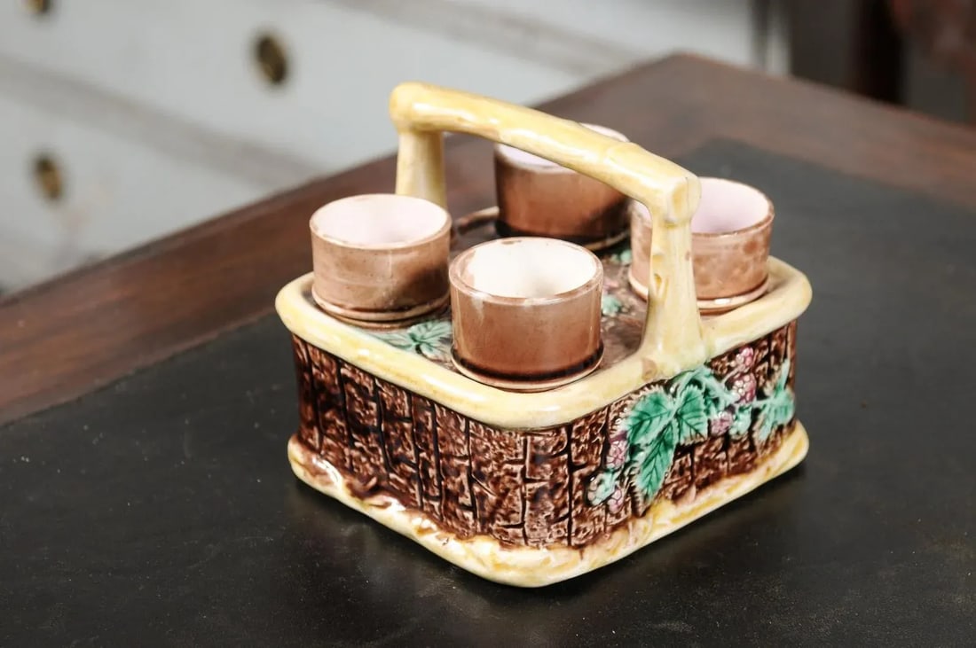 French 19th Century Tea Set with Foliage Adorned Majolica Basket Set- 5 Pieces - 3