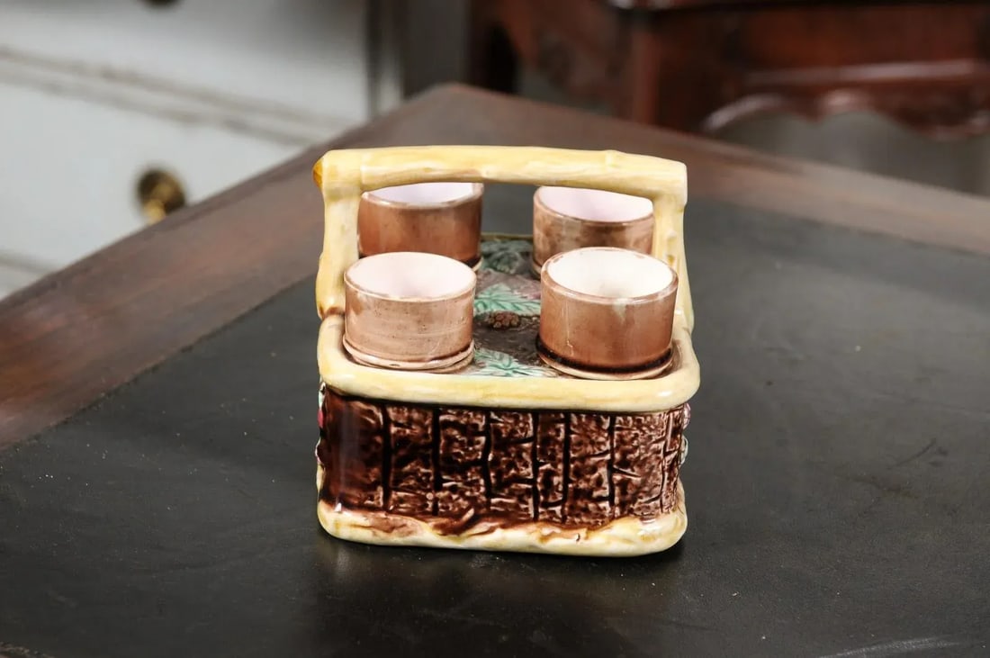 French 19th Century Tea Set with Foliage Adorned Majolica Basket Set- 5 Pieces - 4