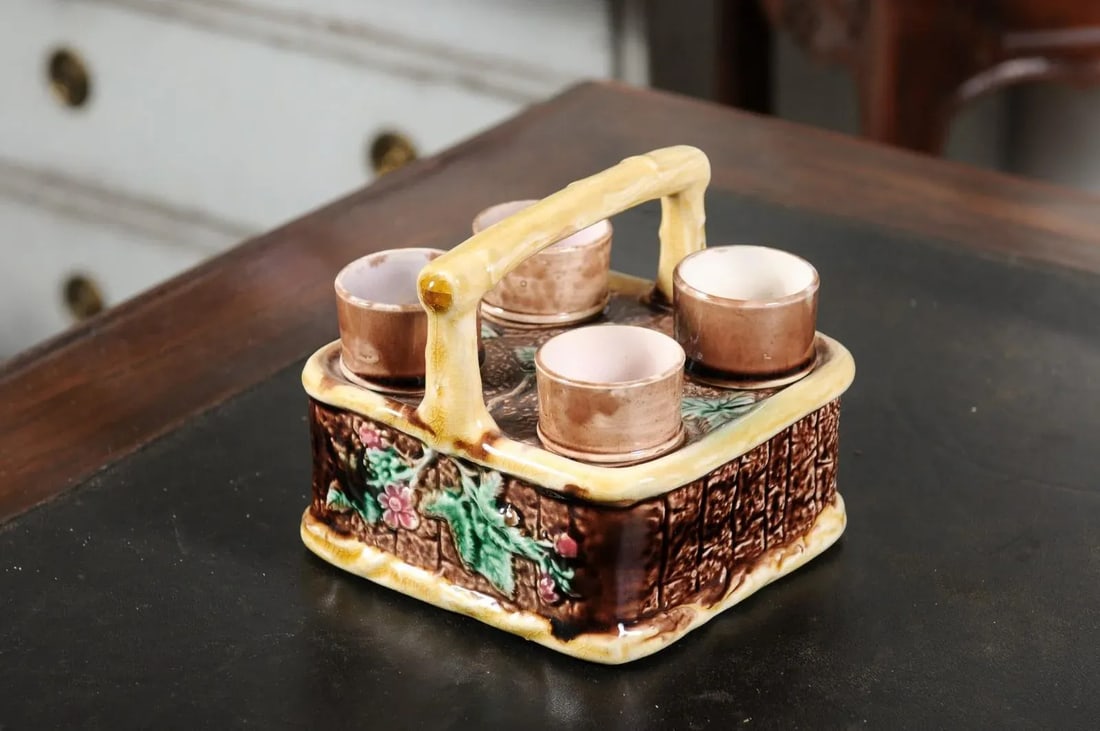 French 19th Century Tea Set with Foliage Adorned Majolica Basket Set- 5 Pieces - 5