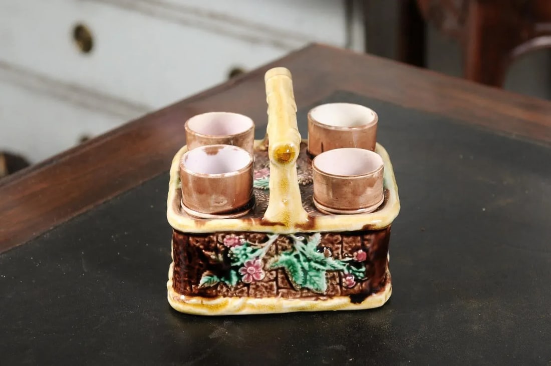 French 19th Century Tea Set with Foliage Adorned Majolica Basket Set- 5 Pieces - 6
