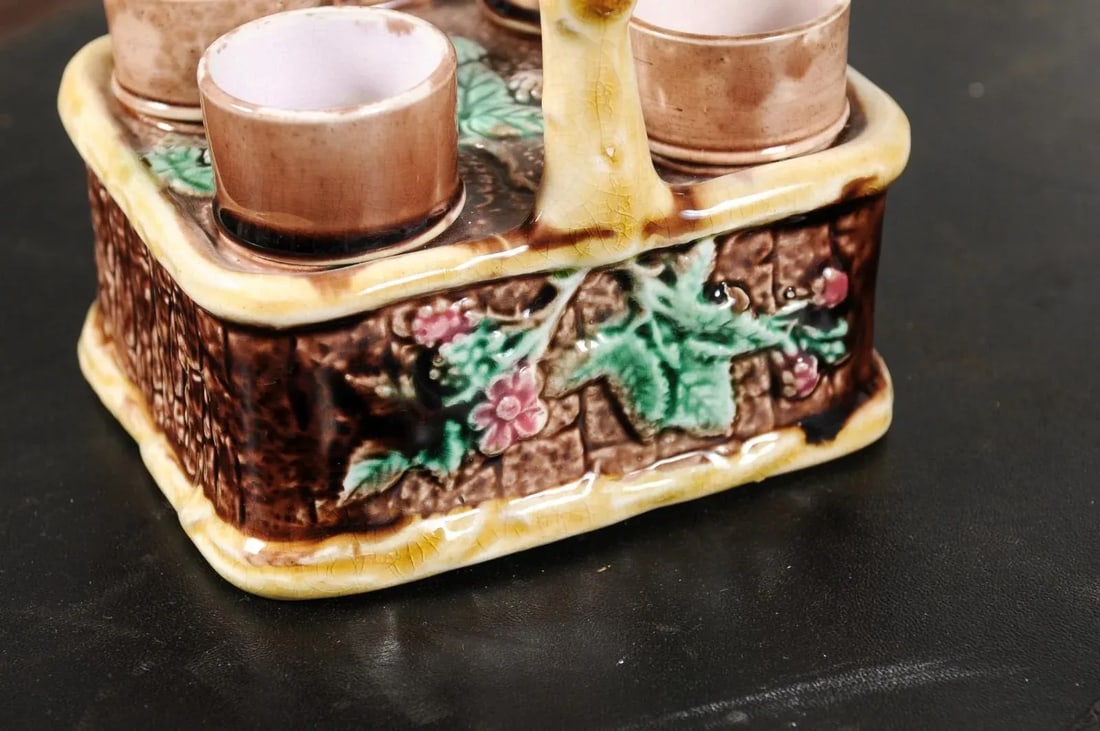 French 19th Century Tea Set with Foliage Adorned Majolica Basket Set- 5 Pieces - 8