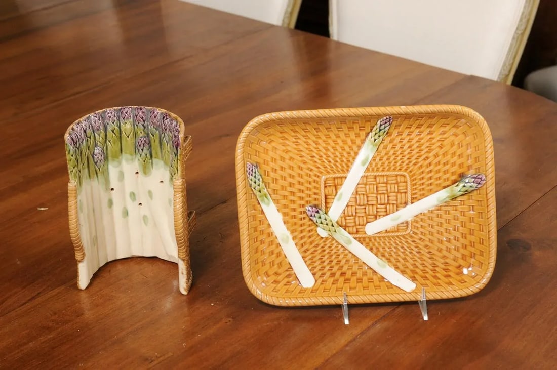 French 19th Century Majolica Asparagus Tray with Cradle and Wicker Motif - 5