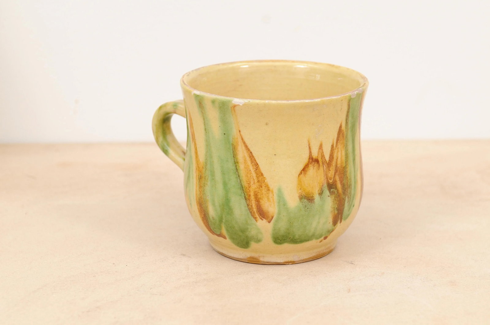 19th Century Rustic French Pottery Mug with Yellow, Green and Rust Glaze - 2