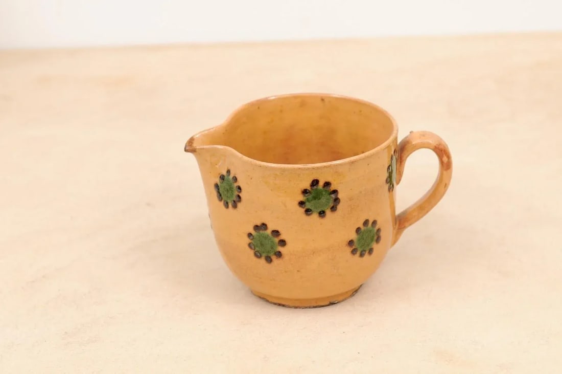 19th Century Rustic French Peach Glazed Pitcher with Green & Chocolate Décor - 10