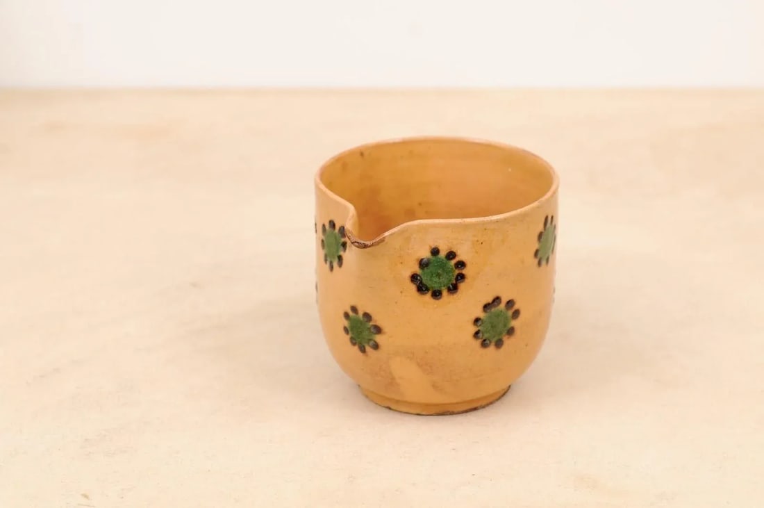 19th Century Rustic French Peach Glazed Pitcher with Green & Chocolate Décor - 11