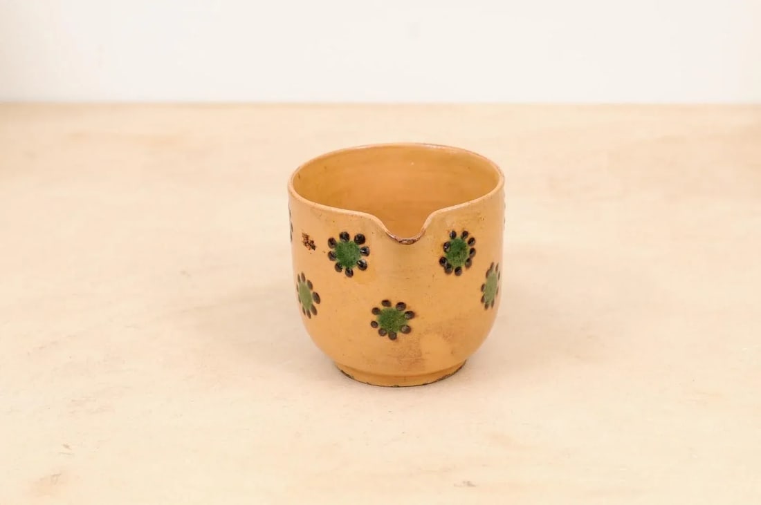 19th Century Rustic French Peach Glazed Pitcher with Green & Chocolate Décor - 12