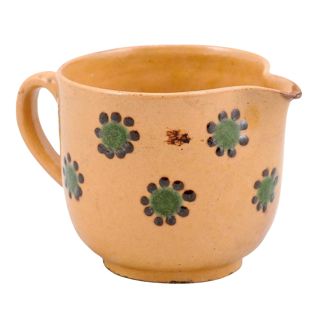 19th Century Rustic French Peach Glazed Pitcher with Green & Chocolate Décor