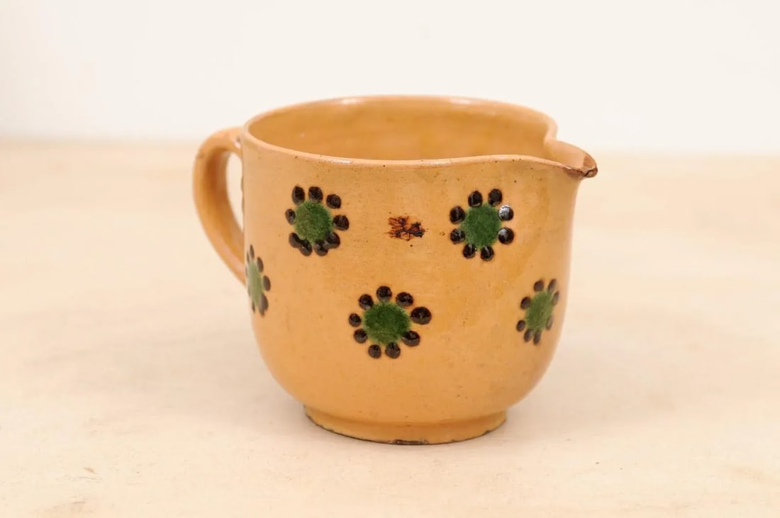 19th Century Rustic French Peach Glazed Pitcher with Green & Chocolate Décor - 2