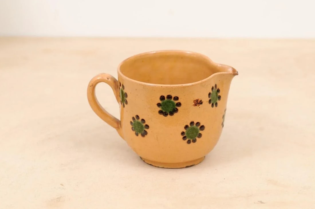 19th Century Rustic French Peach Glazed Pitcher with Green & Chocolate Décor - 6