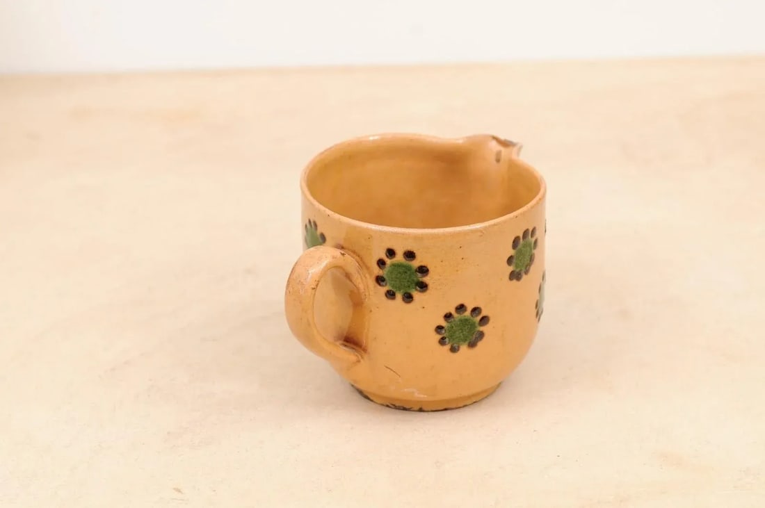 19th Century Rustic French Peach Glazed Pitcher with Green & Chocolate Décor - 7