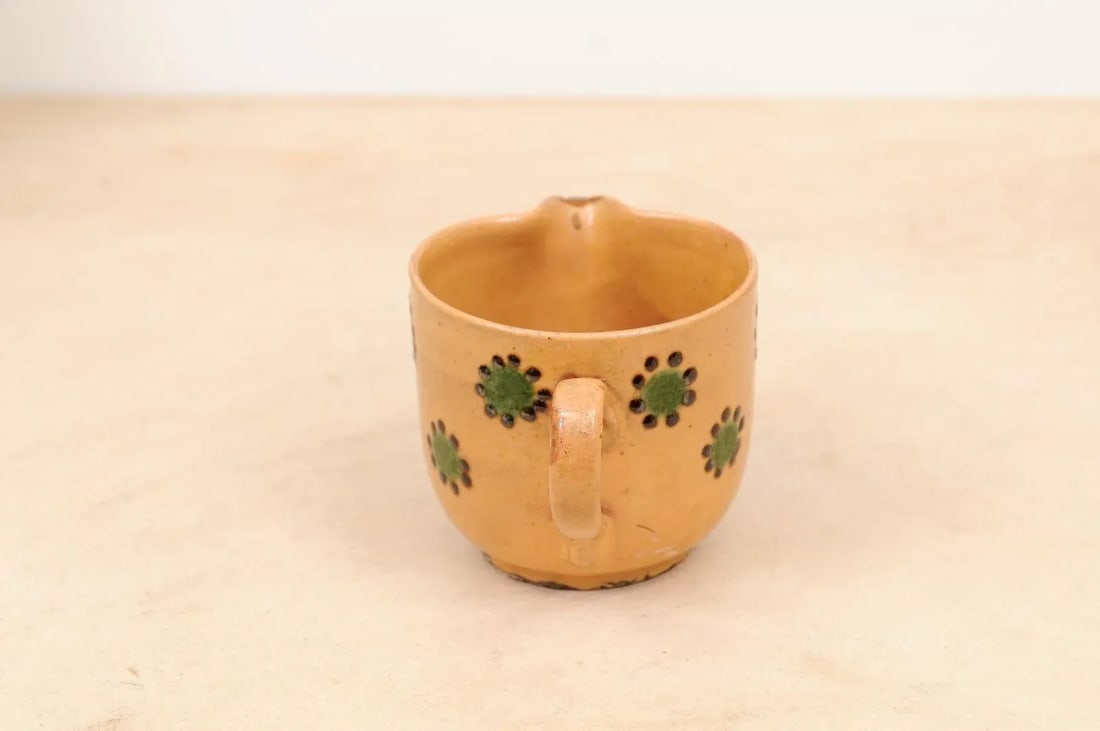 19th Century Rustic French Peach Glazed Pitcher with Green & Chocolate Décor - 8