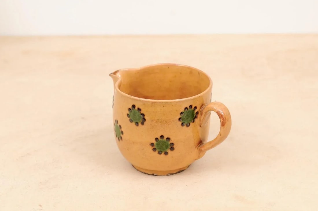 19th Century Rustic French Peach Glazed Pitcher with Green & Chocolate Décor - 9