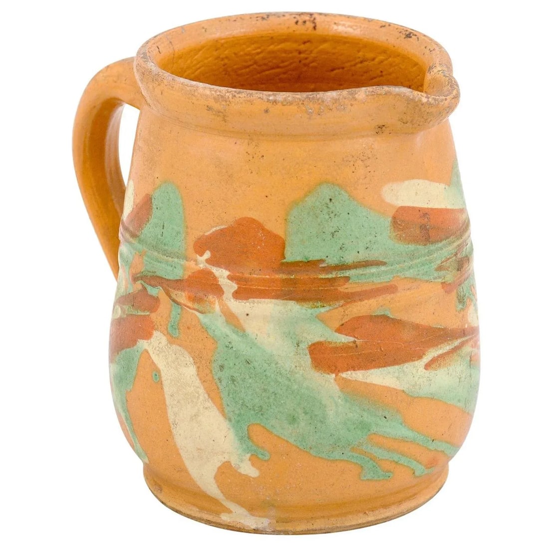 19th Century French Jaspe Pottery Pitcher with Yellow Glaze and Green Accents - 13