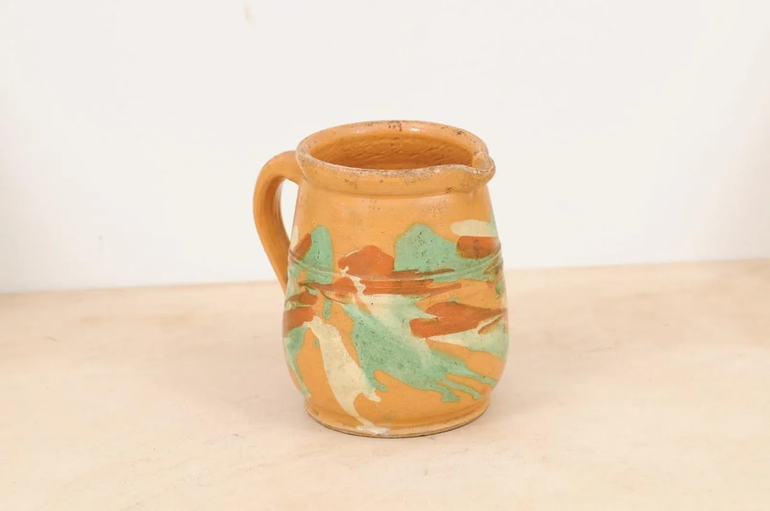 19th Century French Jaspe Pottery Pitcher with Yellow Glaze and Green Accents - 2