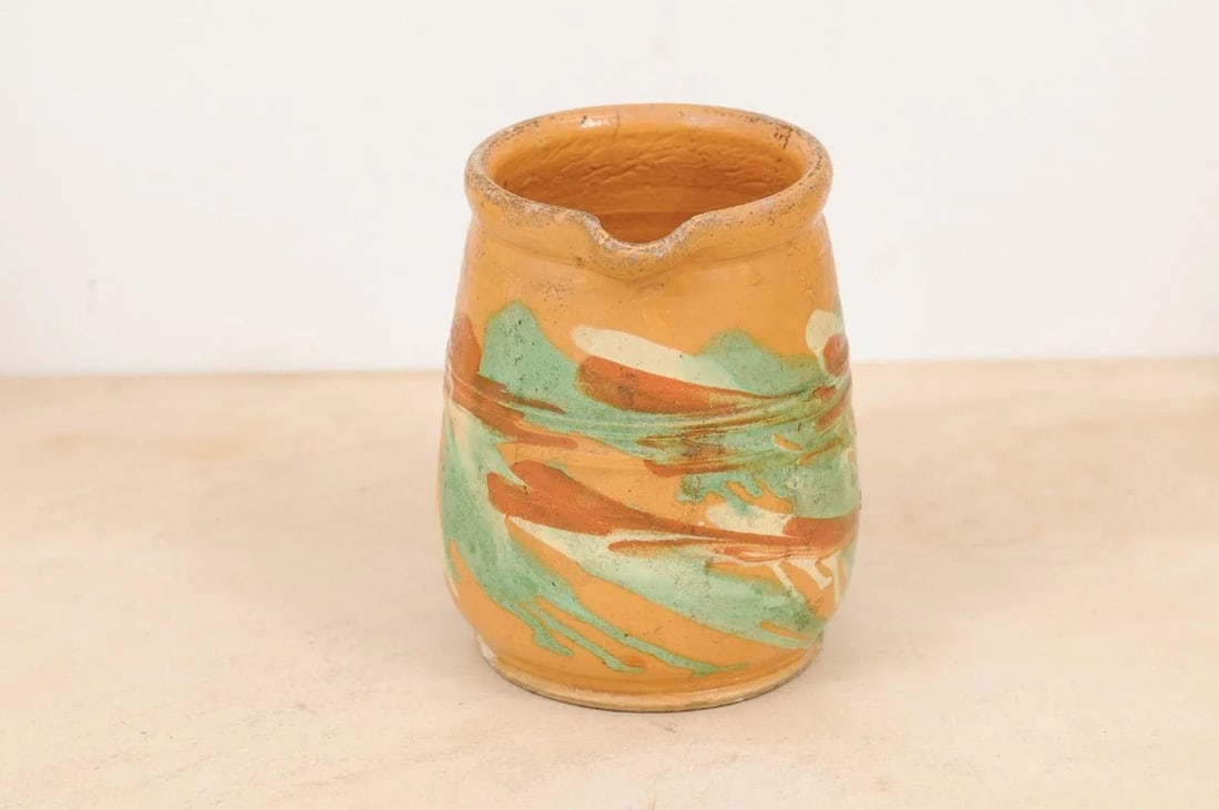 19th Century French Jaspe Pottery Pitcher with Yellow Glaze and Green Accents - 3