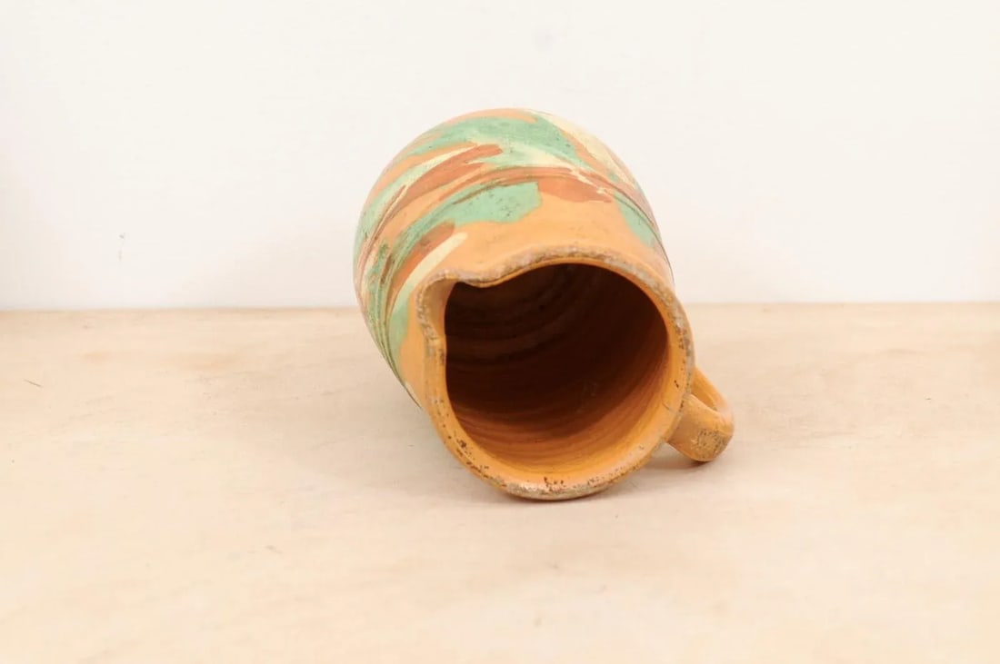19th Century French Jaspe Pottery Pitcher with Yellow Glaze and Green Accents - 4