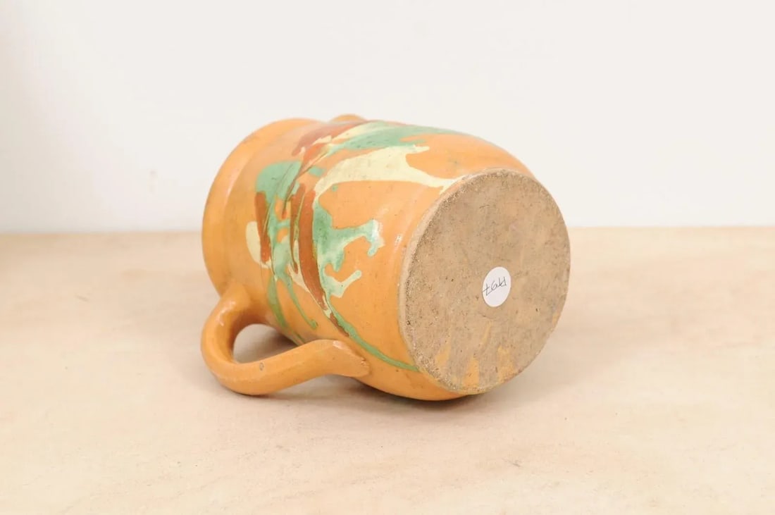 19th Century French Jaspe Pottery Pitcher with Yellow Glaze and Green Accents - 5