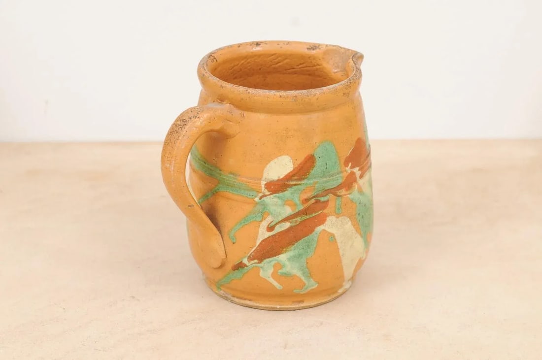 19th Century French Jaspe Pottery Pitcher with Yellow Glaze and Green Accents - 9