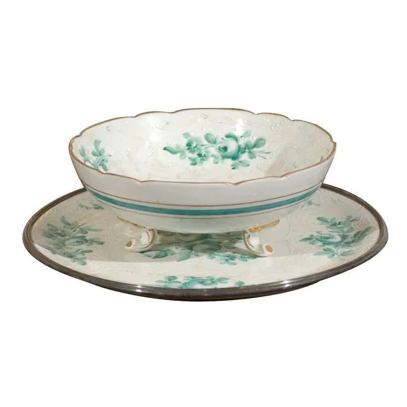 Antique Limoges Green & White Footed Bowl & Underplate Set- 2 Pieces - 11