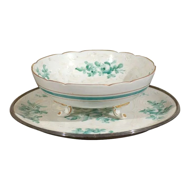 Antique Limoges Green & White Footed Bowl & Underplate Set- 2 Pieces: Limoges footed porcelain bowl with matching underplate, circa 1870. Condition: Alterations: Unknown Imperfections: Some Imperfections Condition Notes: Good Wear consistent with age and use. Origin:
